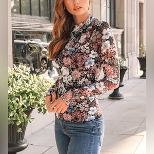Floral Mesh Sheer Long Sleeve Mockneck Fitted Top Ruffle Lettuce Trim Dealmore